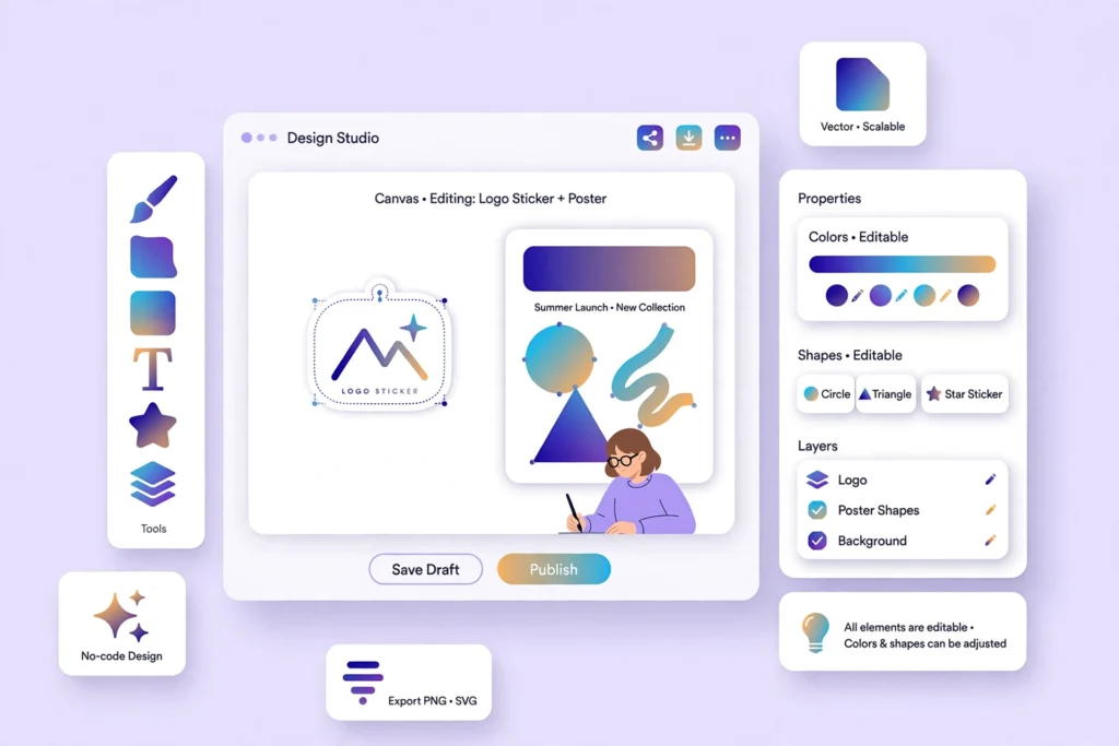 Designer editing an Ideogram Vector logo, sticker, and poster with editable colours and shapes.