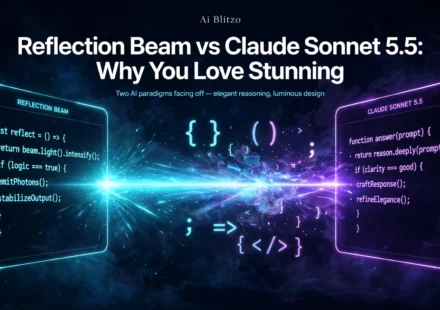 Reflection Beam vs Claude Sonnet 5.5 featured image showing a split code editor duel with a cyan beam and violet glow