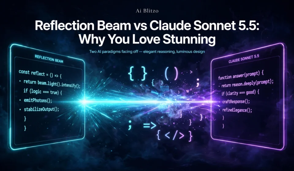 Reflection Beam vs Claude Sonnet 5.5 featured image showing a split code editor duel with a cyan beam and violet glow